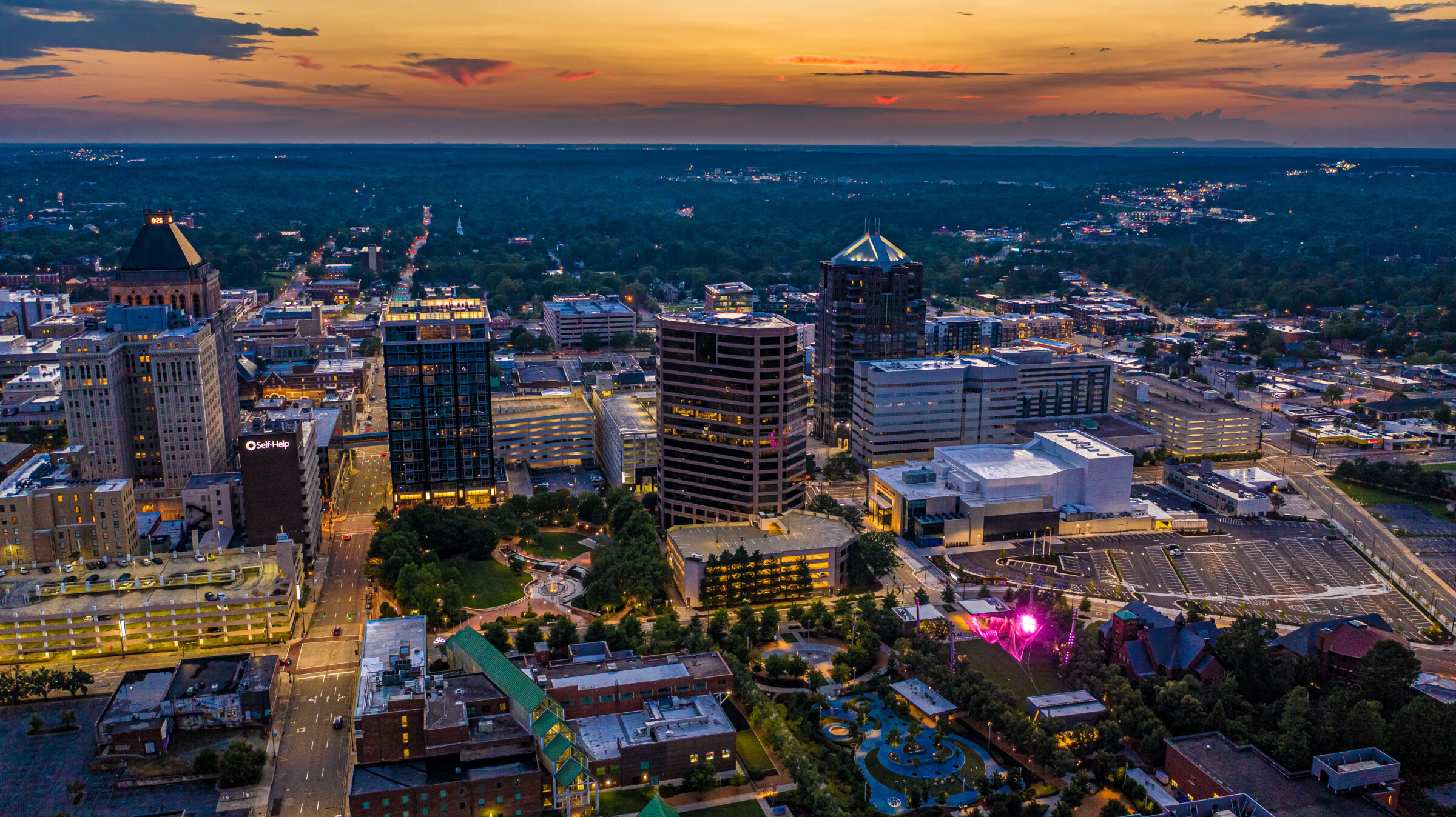 Aerial view of downtown Greensboro at night