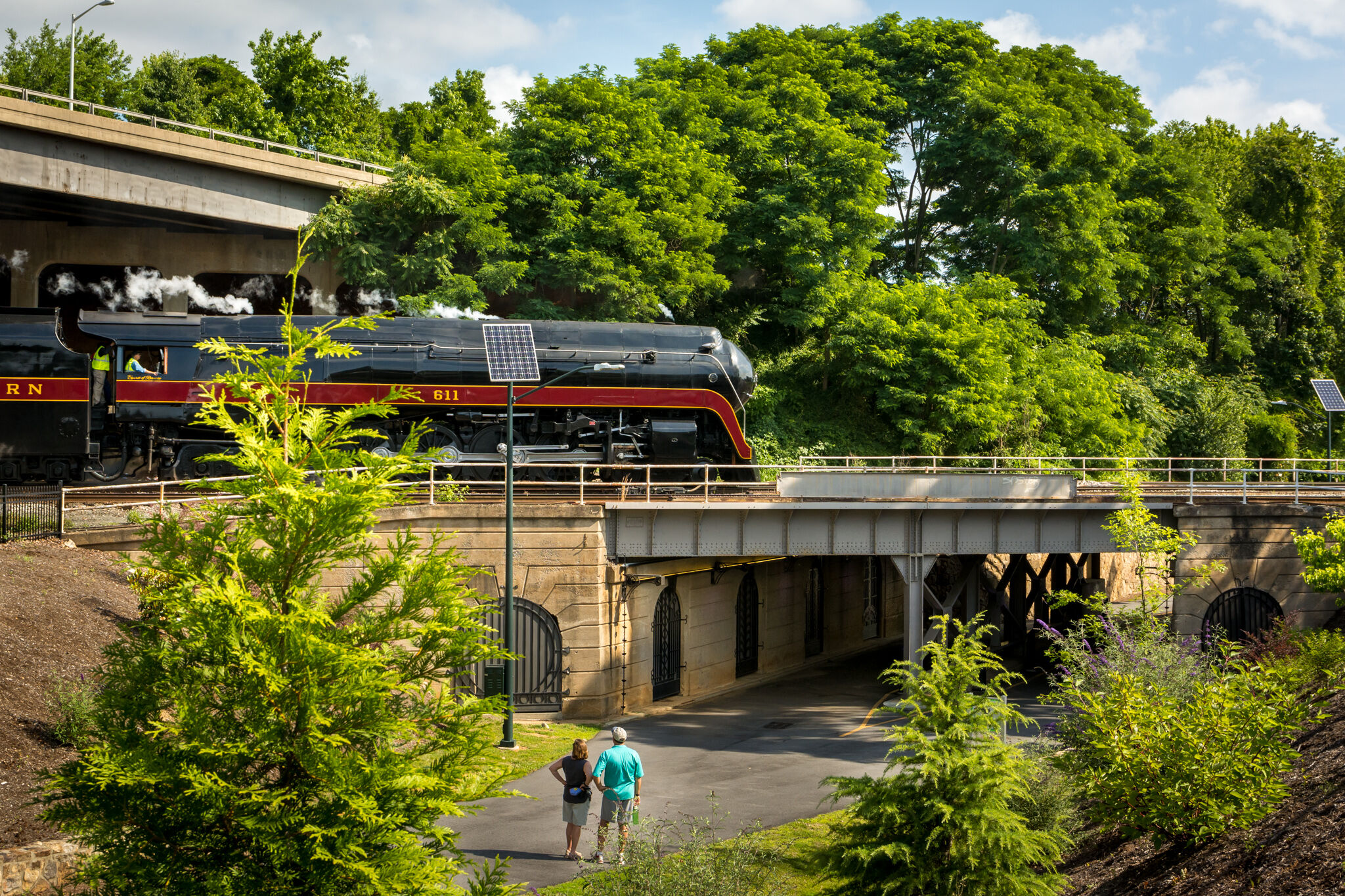 Aerial view of Morehead Park and train along NC Railroad