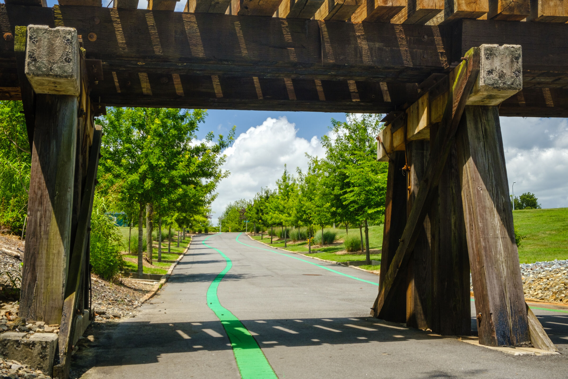 Wooden railroad trestle crossing the Downtown Greenway