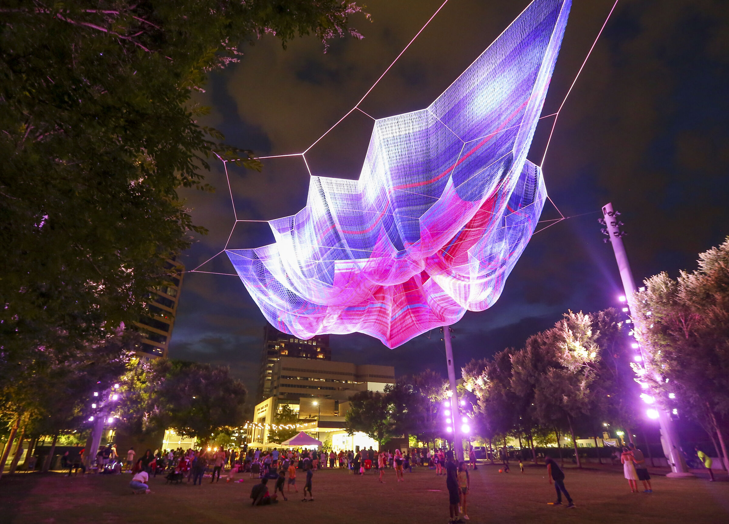 Night view of public art and festival in LeBauer Park, Greensboro