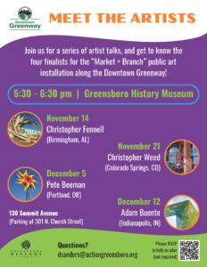 Downtown Greenway poster for Meet the Artists events in Greensboro in November and December 2024